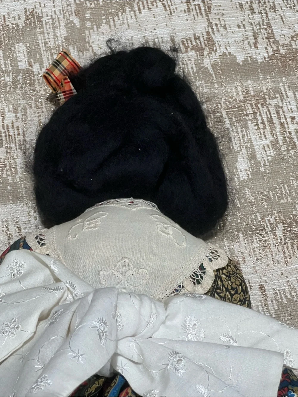 Handmade 22 in Cloth Rag Doll, Dark Girl w/ Black Curly Hair, Victorian